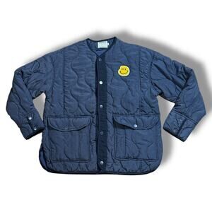 Guelenkke Puffer Bomber Jacket Mens Navy 3 Eyed Smiley Face Patch Streetwear M